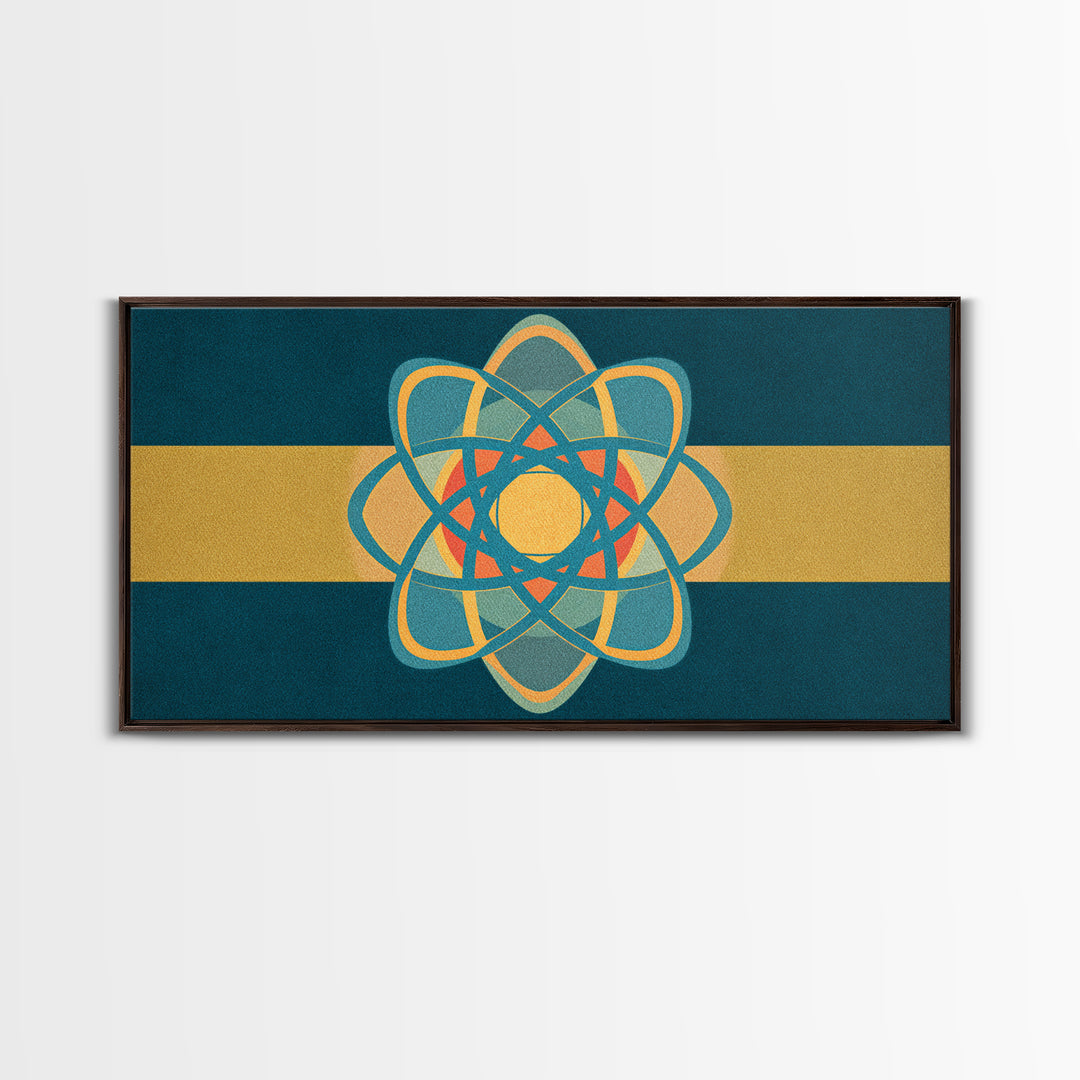 Teal And Gold Atomic Orbit Abstract, Mid Century Modern Wall Art, Retro Science Decor, Geometric MCM Canvas Print Poster