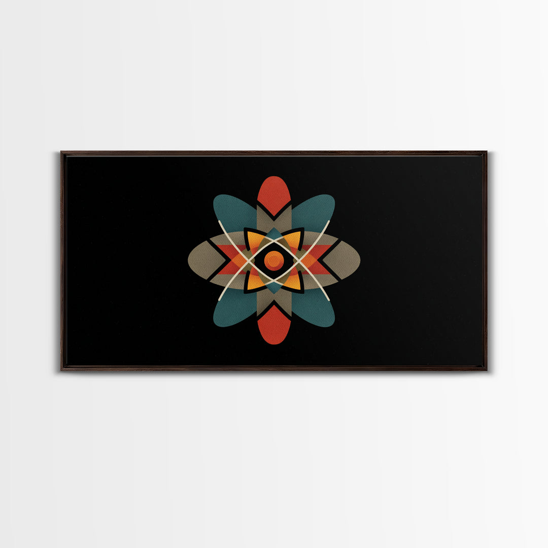 Black Atomic Starburst With Teal Orange Shapes, Mid Century Modern Canvas Print, Retro Space Wall Art, Geometric MCM Decor