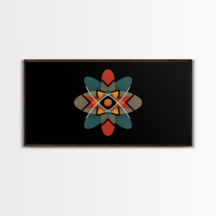 Black Atomic Starburst With Teal Orange Shapes, Mid Century Modern Canvas Print, Retro Space Wall Art, Geometric MCM Decor