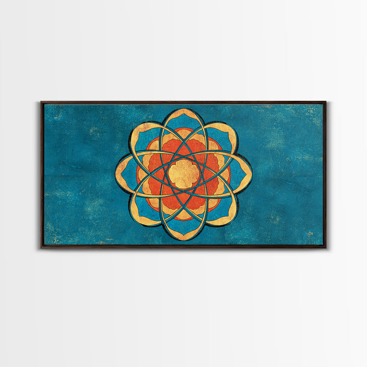 Teal And Orange Atomic Flower Mandala, Mid Century Modern Wall Art, Geometric Abstract Decor, Retro MCM Canvas Print Poster