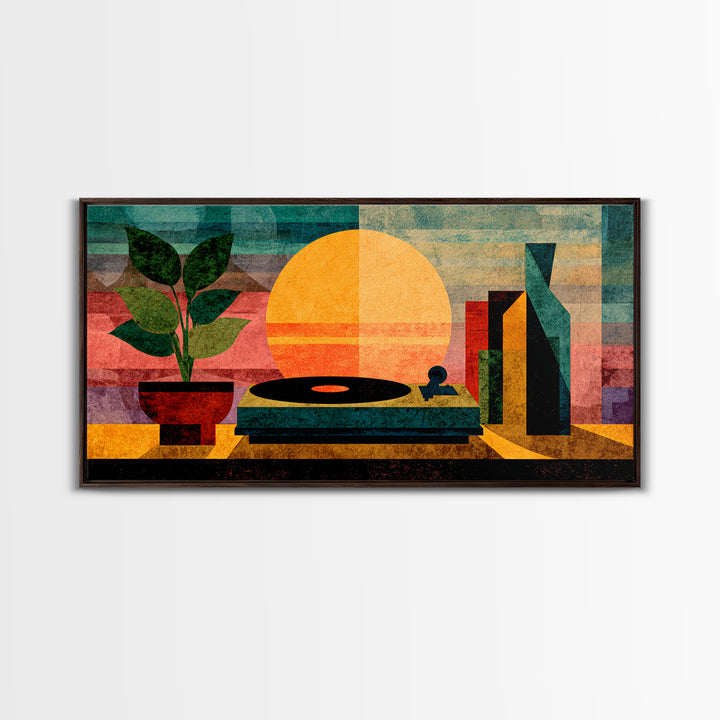 Sunset Turntable Still Life With Plant And Bottles, Mid Century Modern Wall Art, Vinyl Record Decor, Retro Music Canvas Print