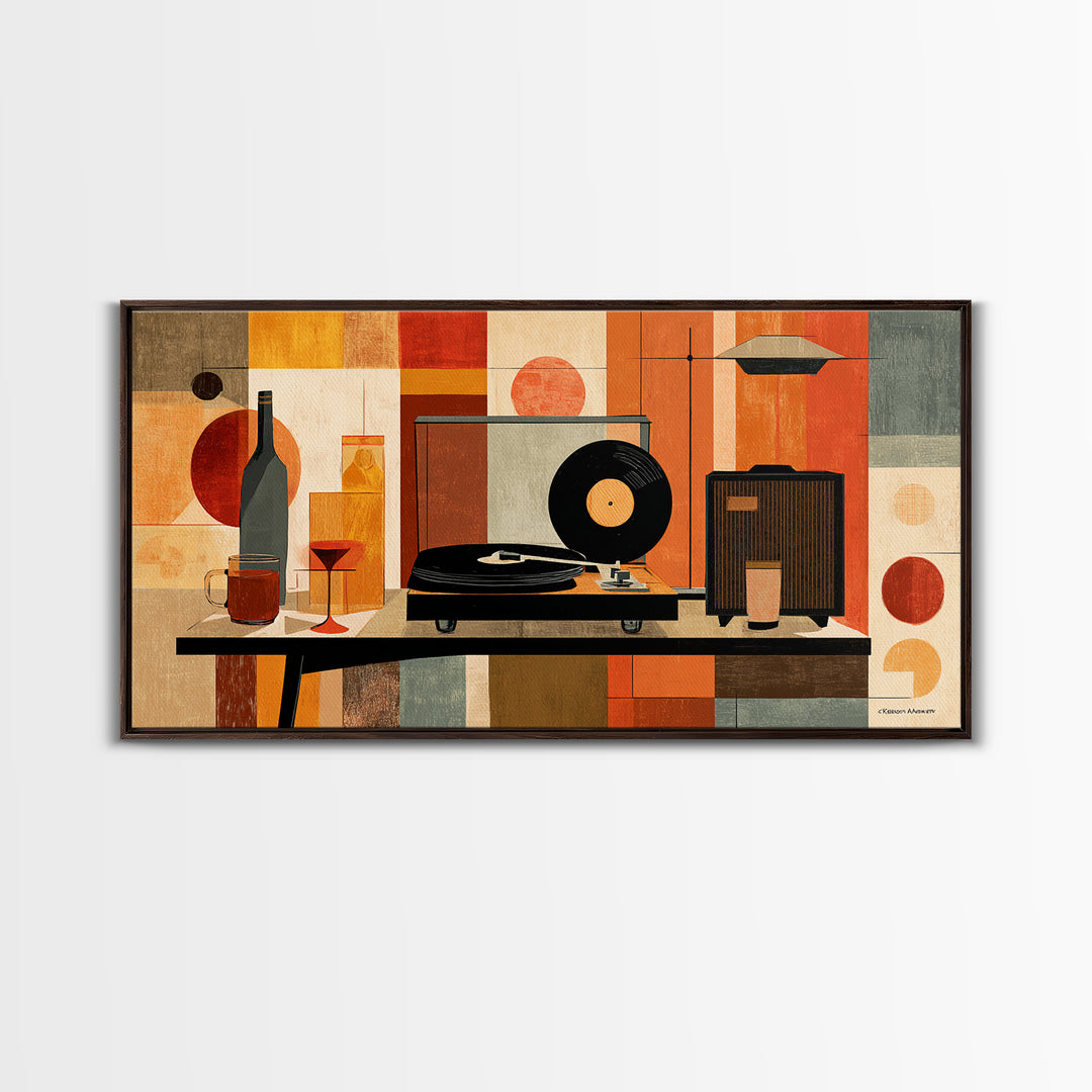 Midcentury Record Player Still Life With Bottle And Radio, Framed Canvas Print, MCM Wall Art, Retro Music Home Decor Poster