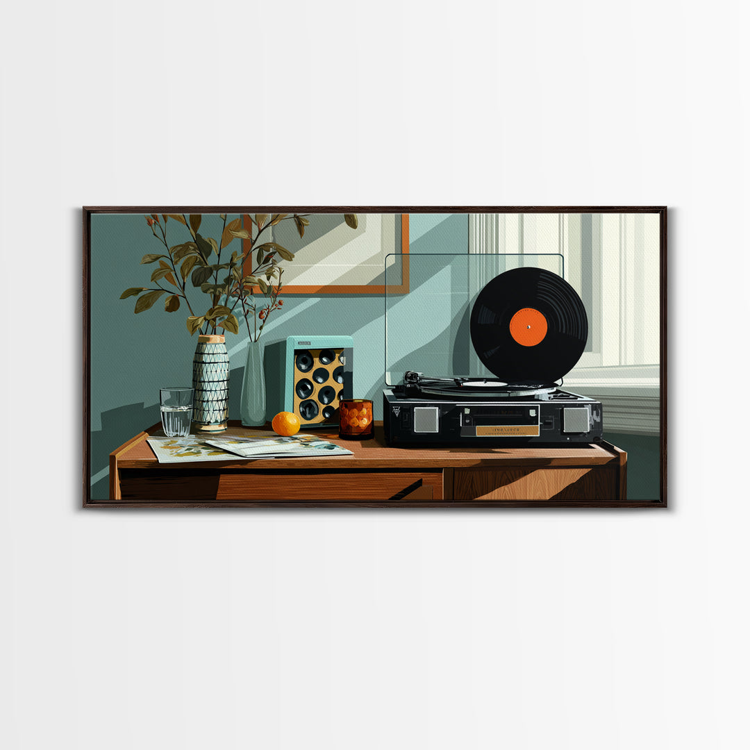 Modern Record Player And Plant Framed Canvas Print, Mid Century Modern Wall Art, Retro Vinyl Decor For Office Or Music Room