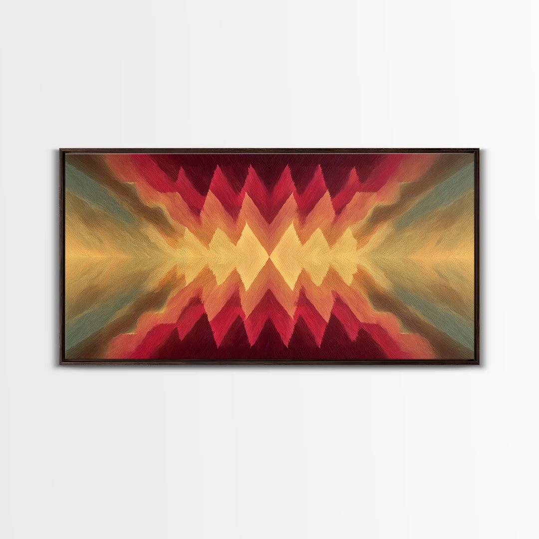Radiant Chevron Sunset Abstract Canvas Print, Mid Century Modern Wall Art, Warm Red Gold Geometric Decor For Living Room