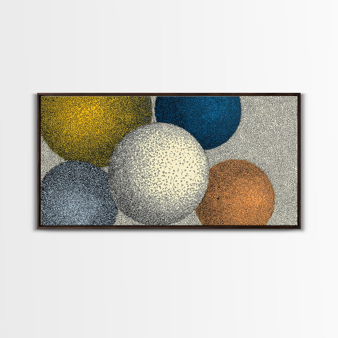 Large Dotted Circle Abstract Wall Art, Mid Century Modern Geometric Poster, Blue Orange Spheres Print For Living Room Decor