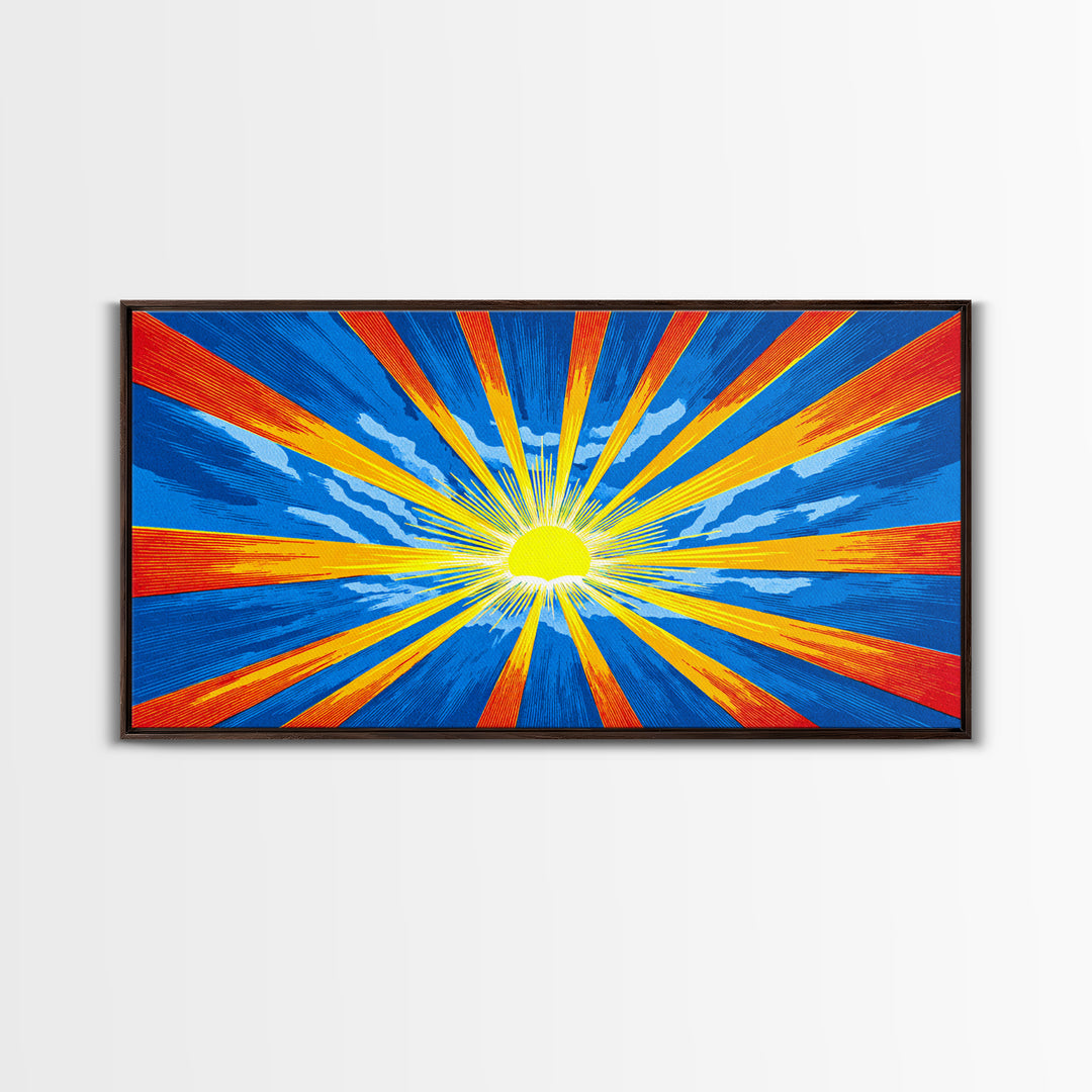 Radiant Sunburst Canvas Print, Blue Orange Yellow Rays Poster, Midcentury Modern Art, Retro Wall Decor, Geometric MCM Print