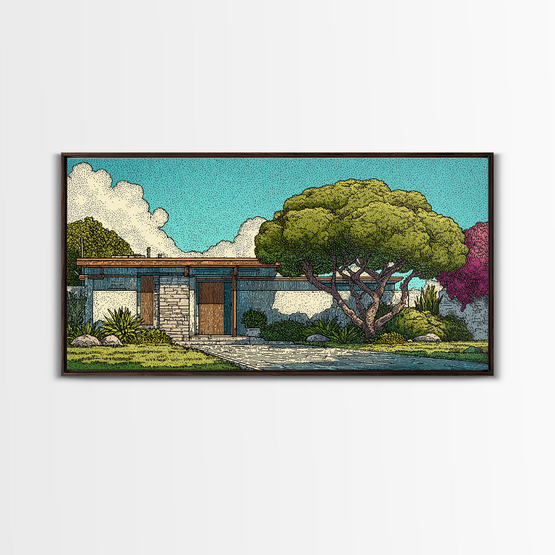 Mid Century Modern House Landscape Wall Art, Retro Architecture Poster, Palm Springs Style Home Decor, Colorful Garden Print