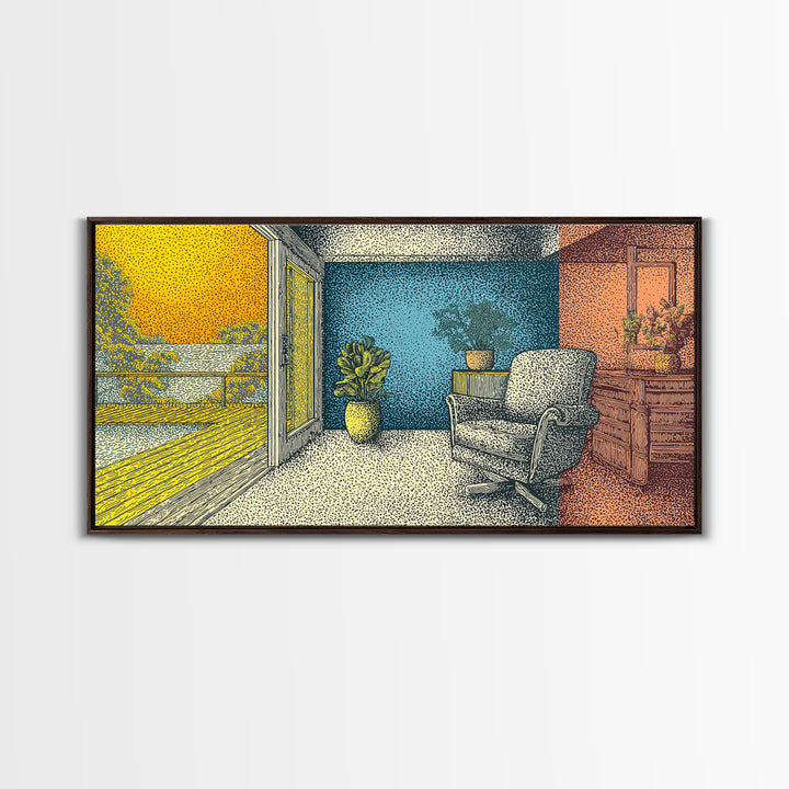 Sunny Midcentury Balcony Interior With Lake View Wall Art, Retro Modern Decor, MCM Living Room Art, Yellow Blue Canvas Print