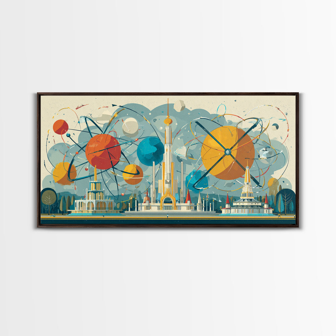 Atomic Planets Over Futuristic Fair City Wall Art, Midcentury Modern Art, Retro Space Poster, MCM Decor, Geometric Canvas Print