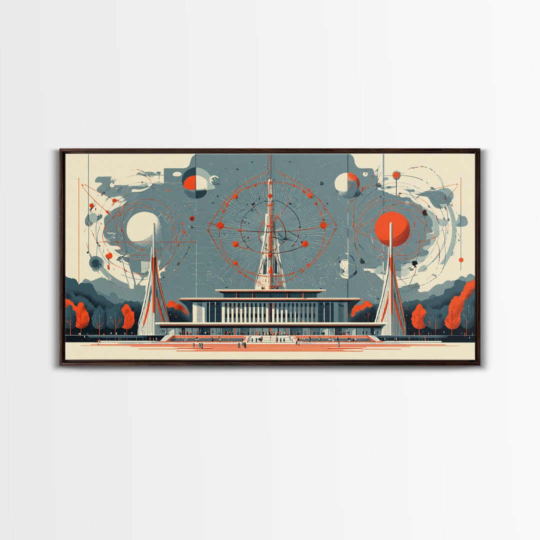 Modernist Atomic Pavilion With Red Orbit Diagrams Wall Art, Midcentury Modern Decor, Bauhaus Poster, Framed Canvas Print