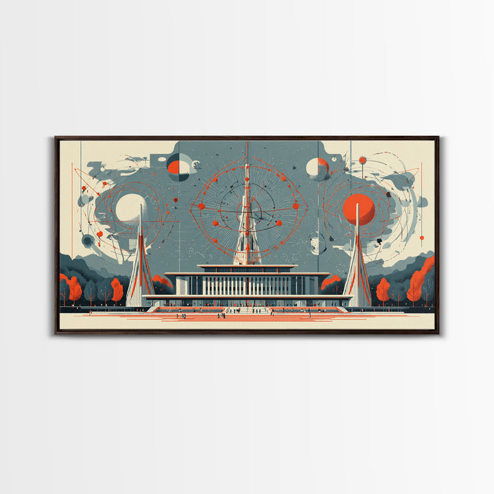 Modernist Atomic Pavilion With Red Orbit Diagrams Wall Art, Midcentury Modern Decor, Bauhaus Poster, Framed Canvas Print