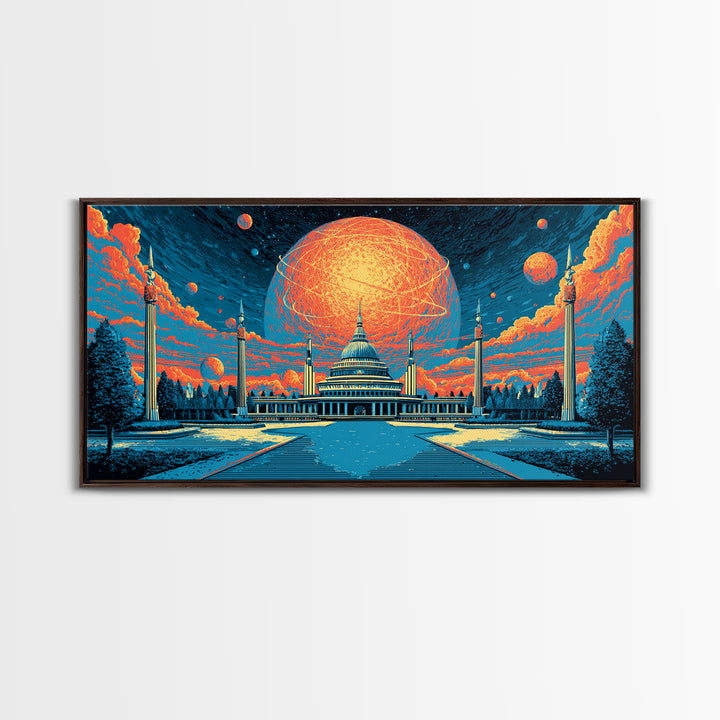 Glowing Orange Planet Over Capitol Skyline Wall Art, Retro Sci Fi Poster, Washington DC Decor, Atomic Midcentury Canvas Print
