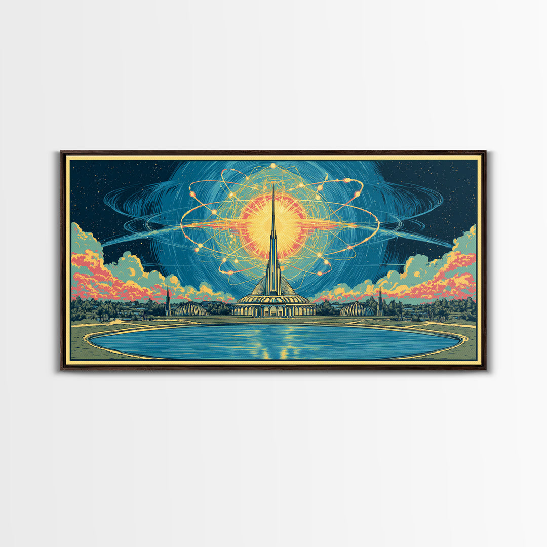 Atomic Sun Above Futuristic Tower And Reflecting Pool Wall Art, Midcentury Modern Decor, Retro Space Framed Canvas Print