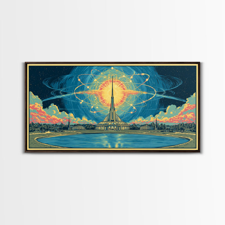 Atomic Sun Above Futuristic Tower And Reflecting Pool Wall Art, Midcentury Modern Decor, Retro Space Framed Canvas Print