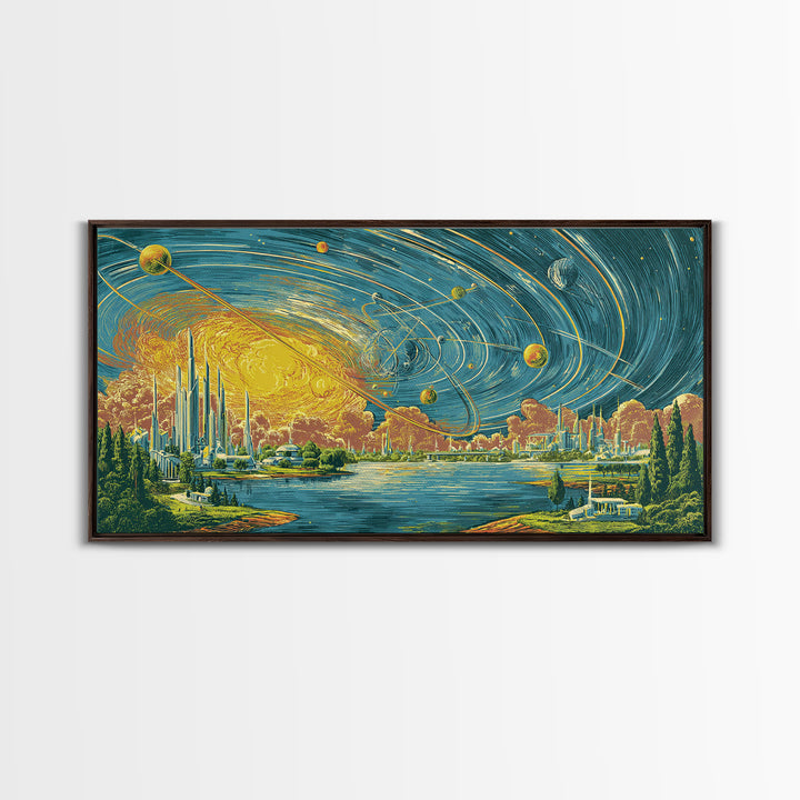 Orbiting Planets Over Futuristic Lake City Wall Art, Retro Modern Art Print, Midcentury Decor, MCM Wall Decor, Atomic Canvas Print