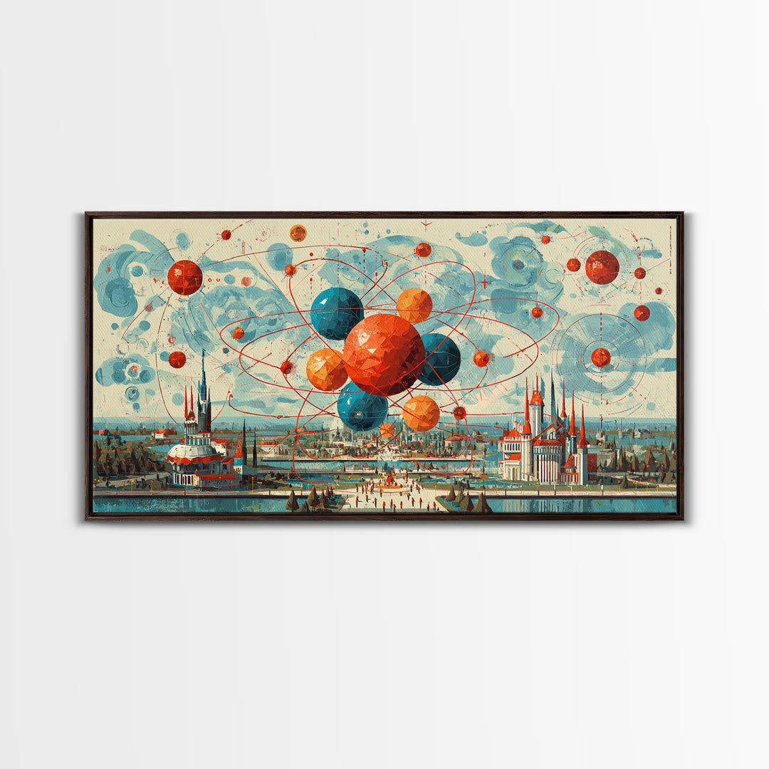 Giant Atomic Spheres Above Worlds Fair City Wall Art, Midcentury Modern Art, Retro Science Poster, MCM Decor, Framed Canvas Print