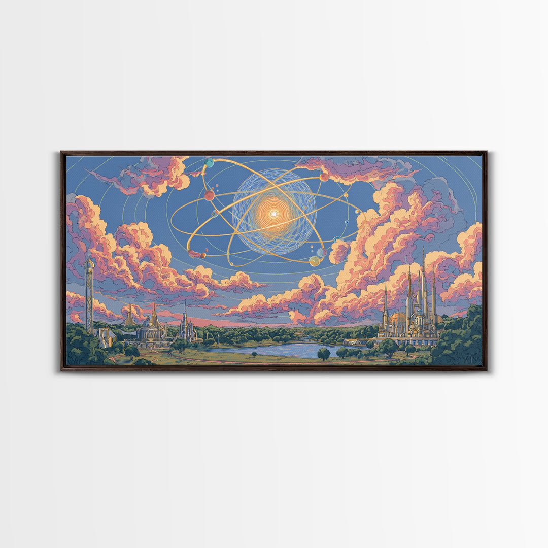 Pastel Atomic Sky Over River And Future Cities Wall Art, Retro Modern Decor, Midcentury Art Print, Pink Blue Framed Canvas Print