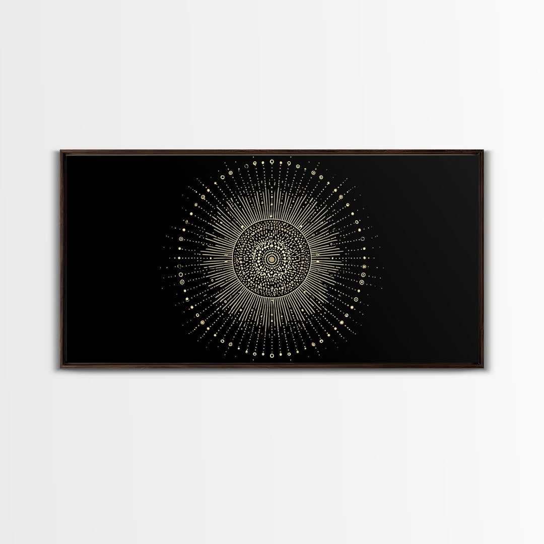 Gold Radiant Sunburst Wall Art, Midcentury Modern Art, Black Gold Frame Decor, Celestial Geometric Print, Retro Home Decor