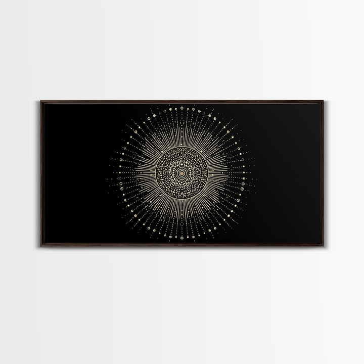 Gold Radiant Sunburst Wall Art, Midcentury Modern Art, Black Gold Frame Decor, Celestial Geometric Print, Retro Home Decor