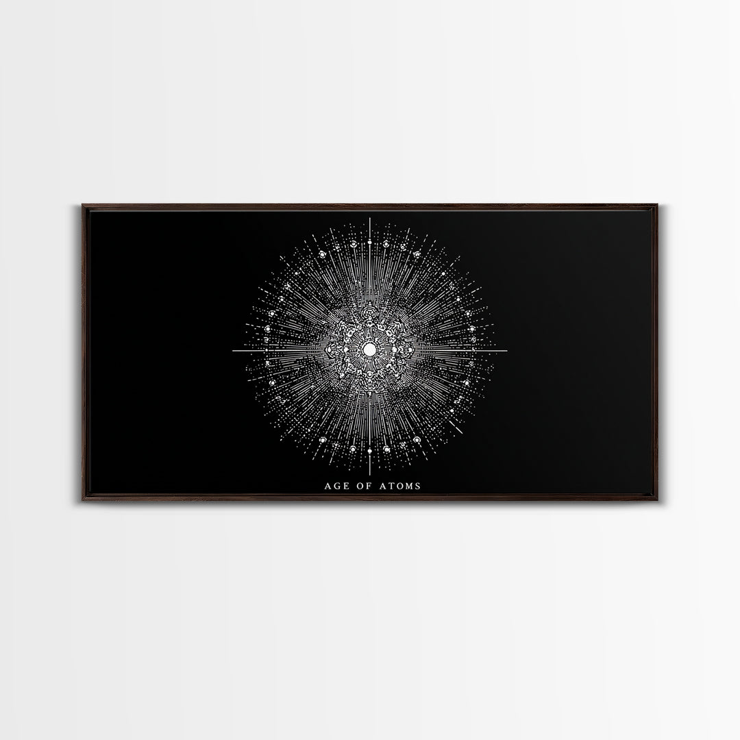 Age Of Atoms Starburst Wall Art, Midcentury Modern Art, Black White Space Poster, Atomic Retro Print, Science Wall Decor