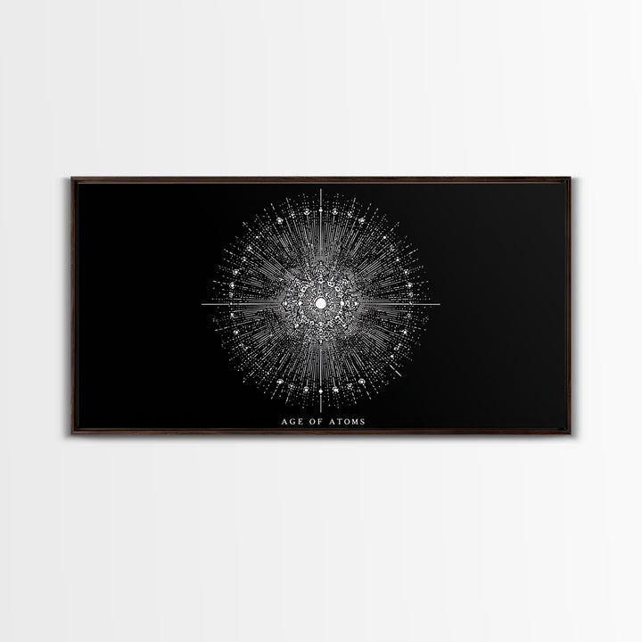 Age Of Atoms Starburst Wall Art, Midcentury Modern Art, Black White Space Poster, Atomic Retro Print, Science Wall Decor