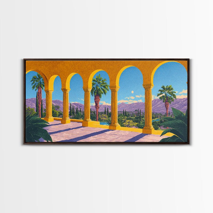 Golden Arcade Arches With Palms And Purple Mountains Wall Art, Midcentury Modern Travel Poster, Retro Palm Springs Decor