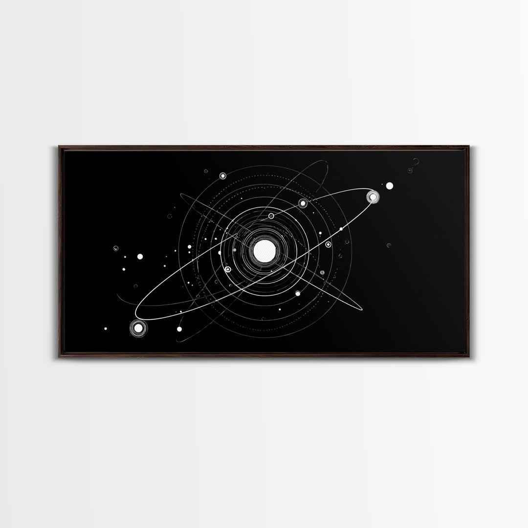 White Orbital Solar System On Black Canvas Print, Space Abstract Art, Atomic Midcentury Decor, Sci Fi Office Wall Decor Print