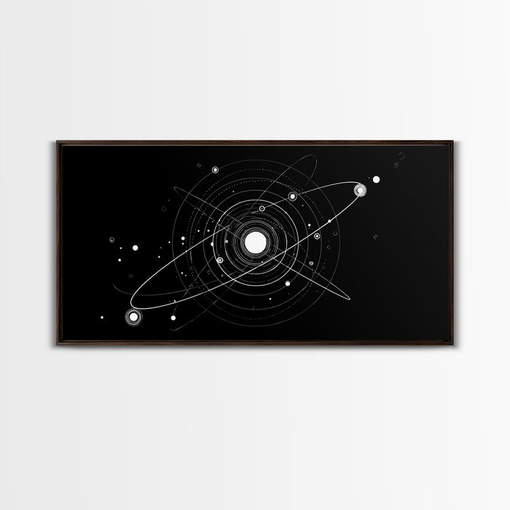 White Orbital Solar System On Black Canvas Print, Space Abstract Art, Atomic Midcentury Decor, Sci Fi Office Wall Decor Print
