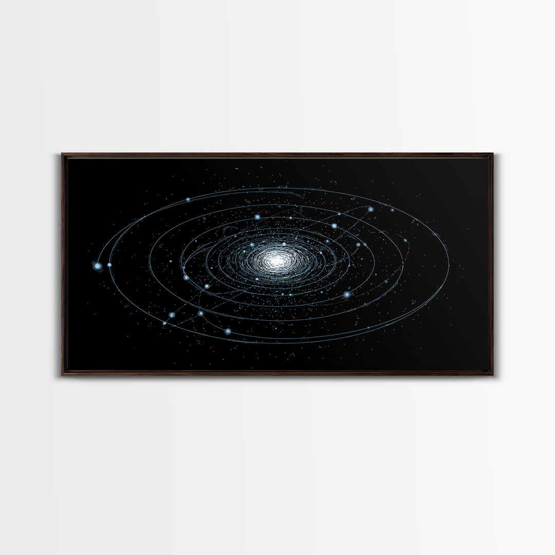 Blue Spiral Galaxy Orbits On Black Canvas Print, Space Abstract Wall Art, Cosmic Modern Decor, Sci Fi Office Poster Print