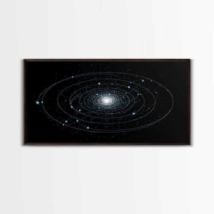 Blue Spiral Galaxy Orbits On Black Canvas Print, Space Abstract Wall Art, Cosmic Modern Decor, Sci Fi Office Poster Print