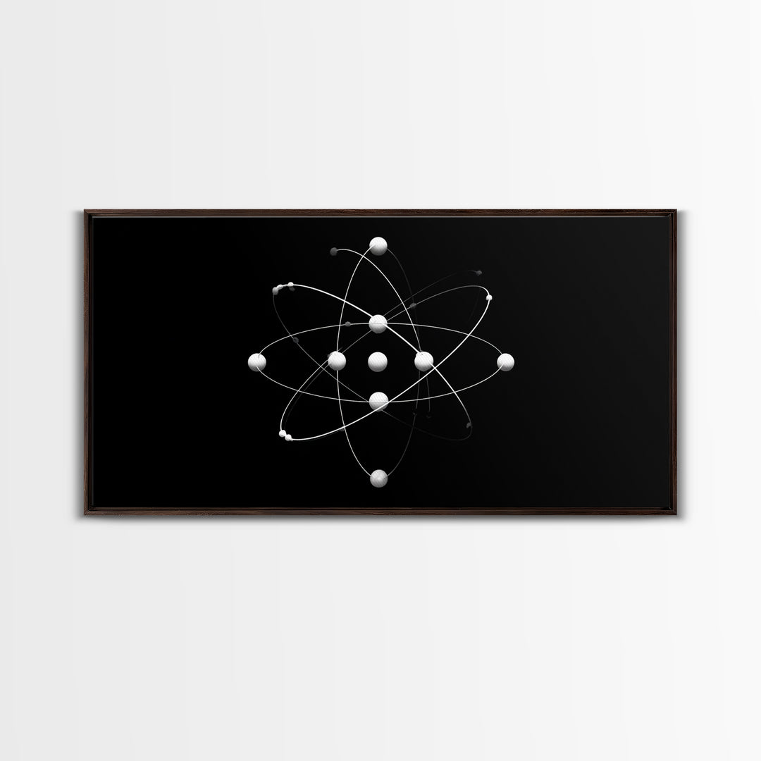 White Atomic Model On Black Canvas Print, Science Space Wall Art, Midcentury Modern Decor, Minimalist Office Poster Print