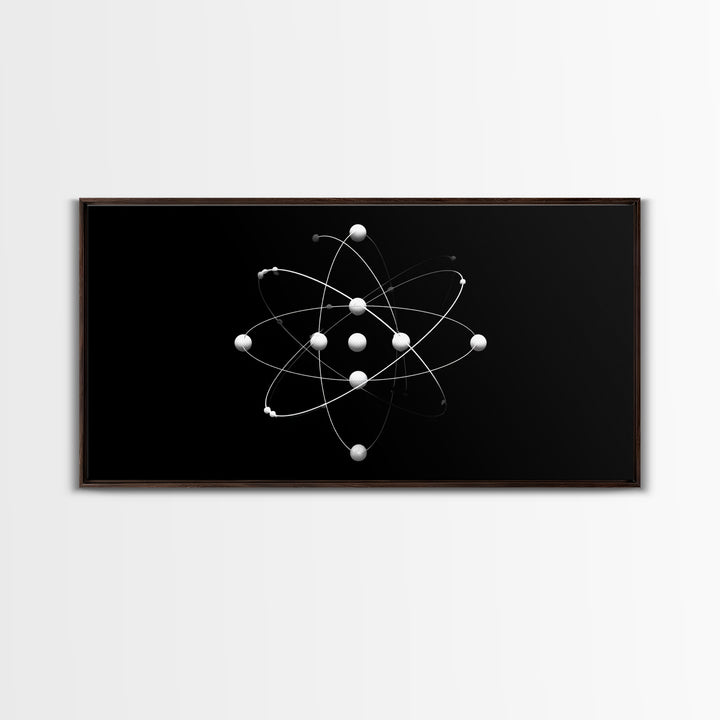 White Atomic Model On Black Canvas Print, Science Space Wall Art, Midcentury Modern Decor, Minimalist Office Poster Print