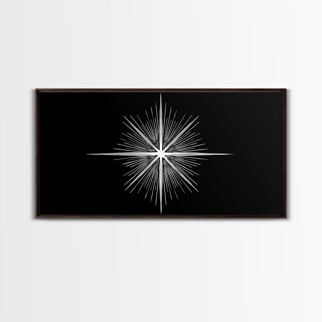 Radiant White Starburst On Black Canvas Print, Atomic Midcentury Wall Art, Minimal Modern Decor, Sci Fi Office Poster Print