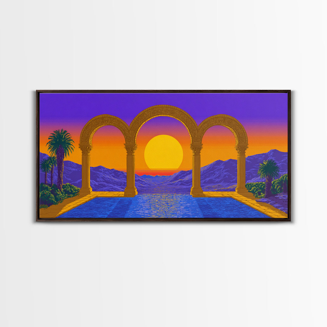 Sunset Arches Over Blue Pool And Mountains Canvas Print, Midcentury Modern Wall Decor, Retro Travel Poster For Living Room