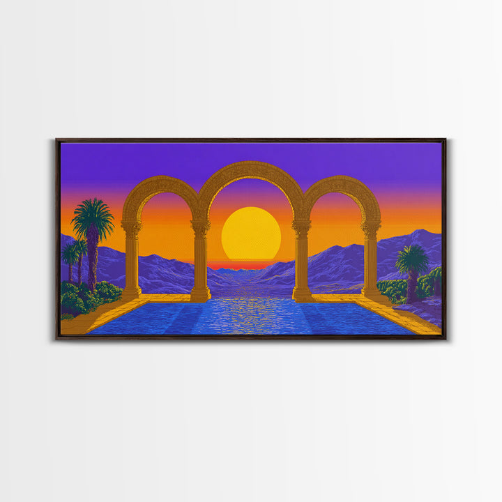 Sunset Arches Over Blue Pool And Mountains Canvas Print, Midcentury Modern Wall Decor, Retro Travel Poster For Living Room