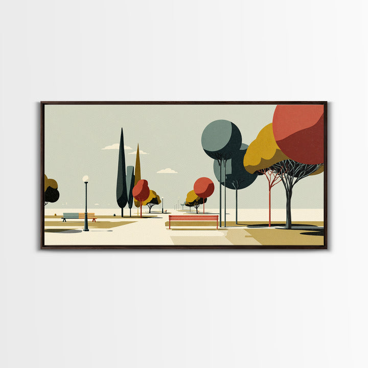 Colorful Park Promenade Canvas Print, Midcentury Modern Wall Art, Retro Landscape Poster, Scenic Home Office Decor Print Gift