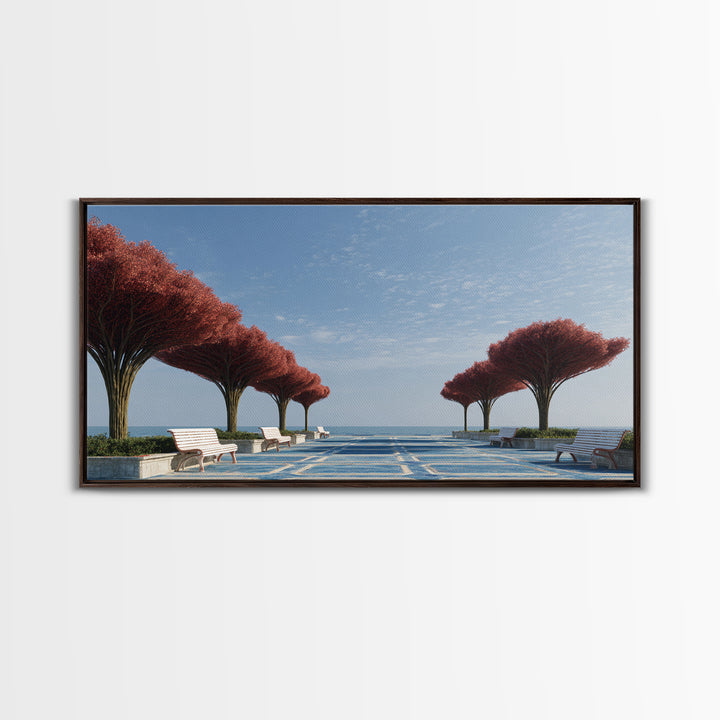 Seaside Promenade With Red Trees Wall Art, Modern Coastal Landscape Print, Midcentury Decor, Blue Ocean Living Room Decor