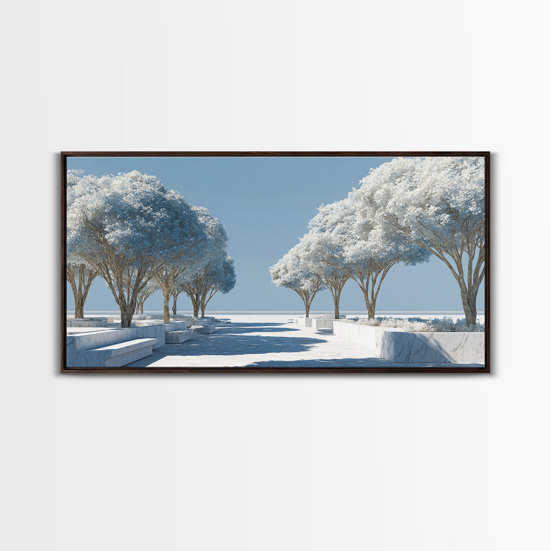 White Winter Tree Promenade Wall Art, Modern Coastal Landscape Print, Minimalist Blue Scenic Decor, Calm Living Room Poster