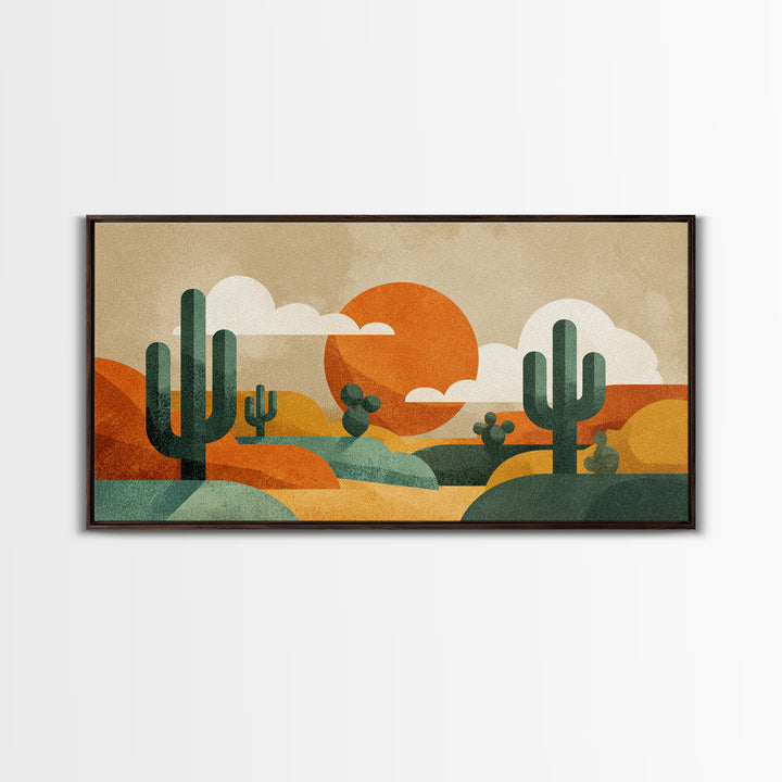 Abstract Cactus Desert Sun Wall Art, Midcentury Modern Print, Retro Orange Southwestern Decor, Geometric Landscape Poster