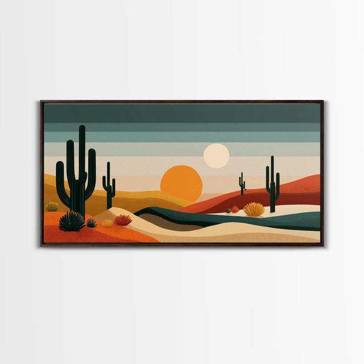 Modern Cactus Dunes Canvas Print, Midcentury Desert Wall Art, Southwestern Landscape Poster, Orange Sun Home Office Decor