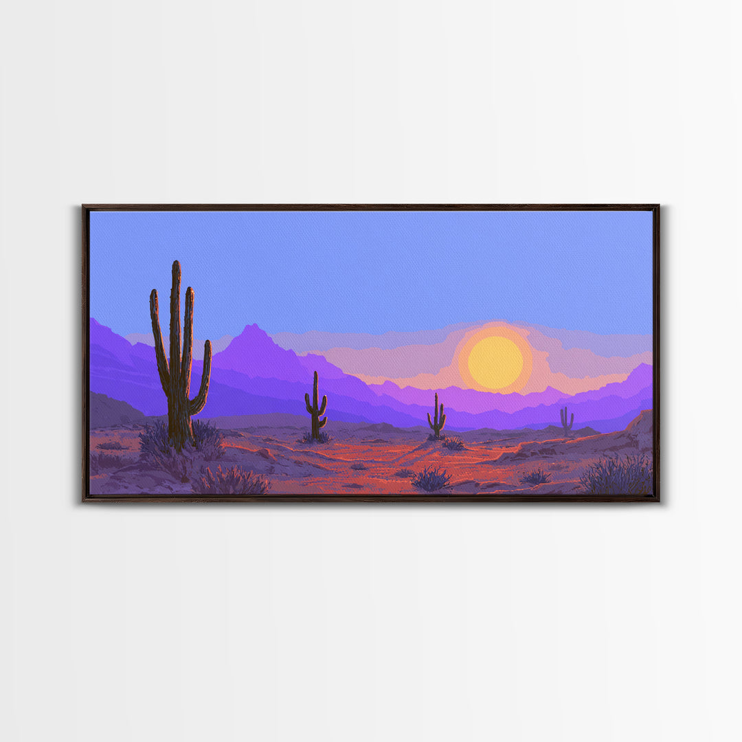 Purple Desert Mountains Canvas Print, Retro Cactus Sunset Wall Art, Midcentury Modern Landscape Poster, Colorful Home Decor