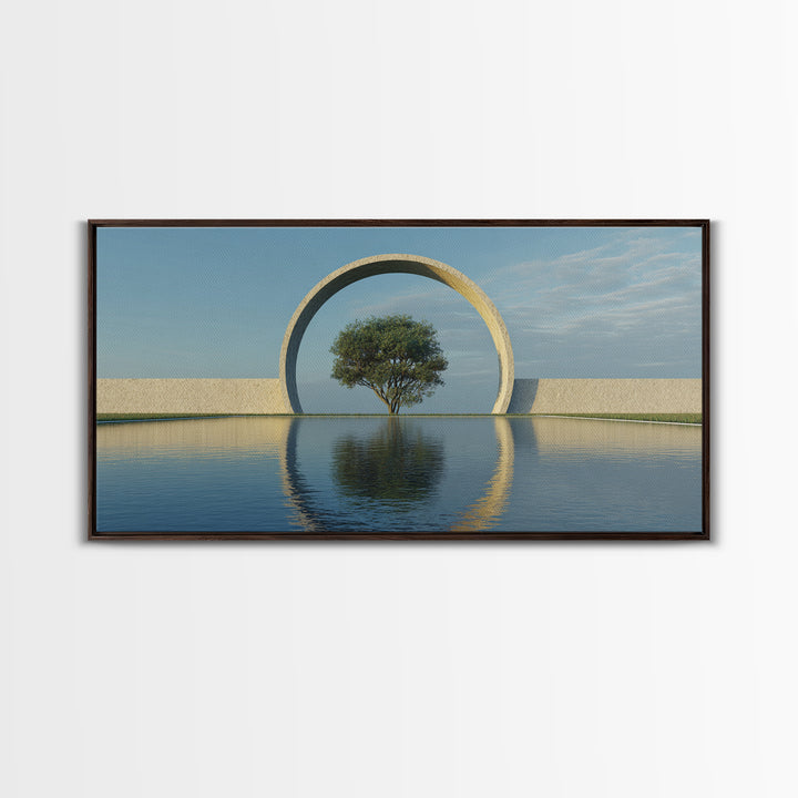 Circular Arch Tree Reflection Wall Art, Modern Landscape Print, Serene Water Decor, Minimalist Nature Art For Living Room
