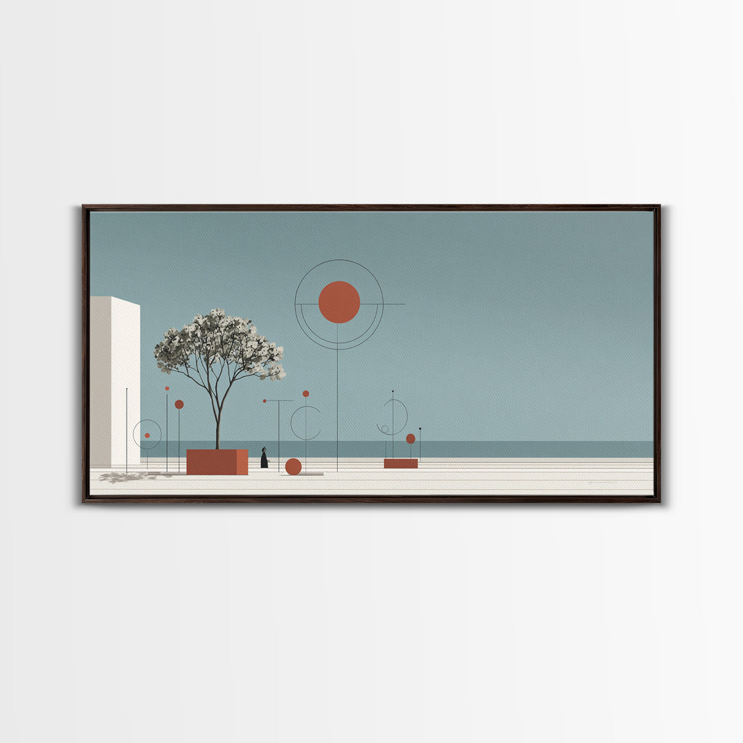 Minimal Tree With Orange Sun Canvas Print, Midcentury Modern Wall Decor, Geometric Abstract Art For Serene Calm Living Room