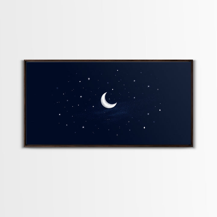 White Crescent Moon And Stars Wall Art, Dreamy Navy Celestial Night Sky Print, Minimalist Space Decor For Bedroom Or Nursery