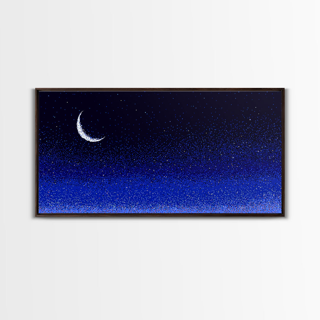 Blue Crescent Moon Star Field Wall Art, Cosmic Night Sky Print, Retro Pixel Space Decor For Bedroom, Dorm Room, Or Nursery
