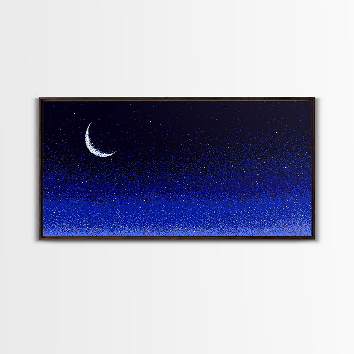 Blue Crescent Moon Star Field Wall Art, Cosmic Night Sky Print, Retro Pixel Space Decor For Bedroom, Dorm Room, Or Nursery