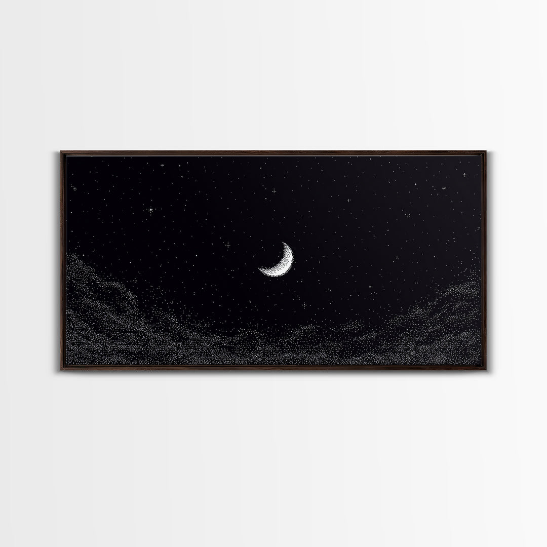Black And White Crescent Moon Wall Art, Minimal Starry Night Sky Print, Celestial Space Decor For Bedroom Or Meditation Room