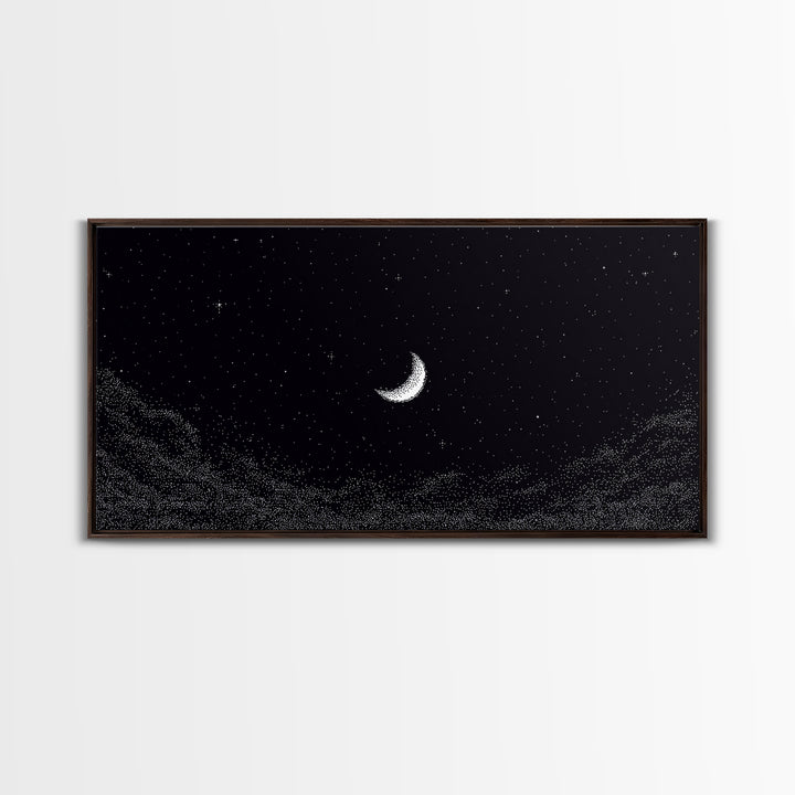 Black And White Crescent Moon Wall Art, Minimal Starry Night Sky Print, Celestial Space Decor For Bedroom Or Meditation Room