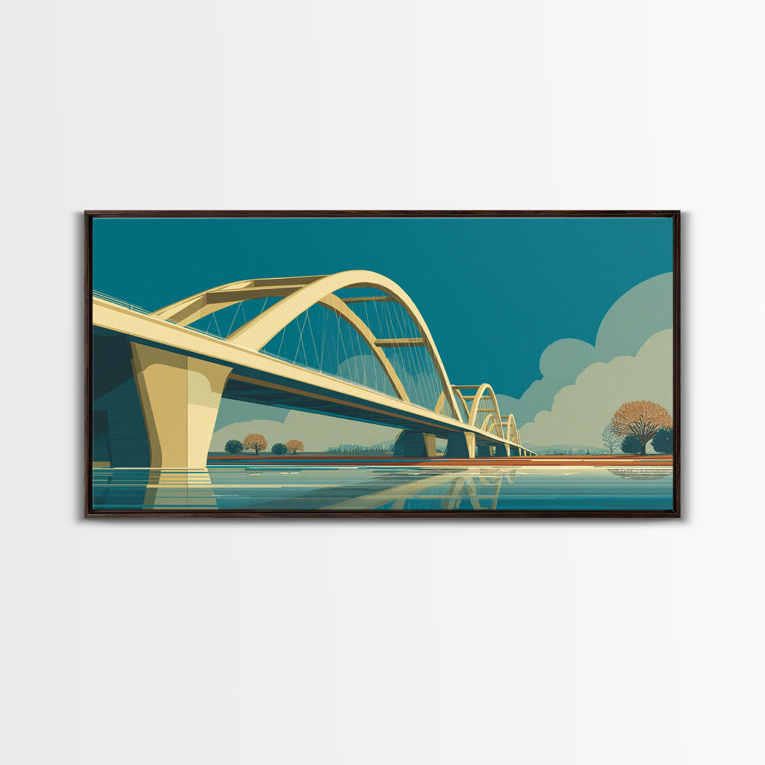 Modern Arched Bridge Reflection Canvas Print, Midcentury Landscape Wall Art, Architectural Calm Water Decor For Living Room