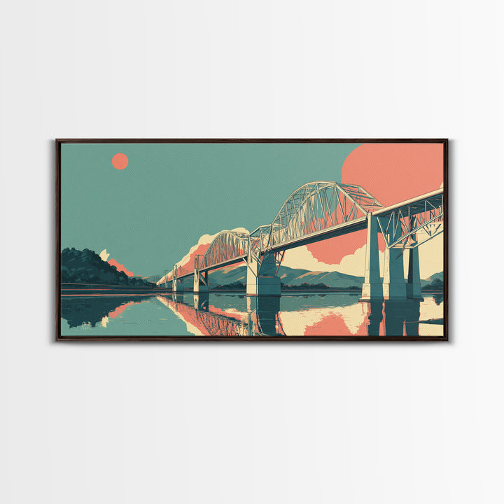 Retro Steel Bridge Sunset Wall Art, Midcentury Modern Landscape Print, Teal Orange Travel Poster, Living Room Home Office Decor